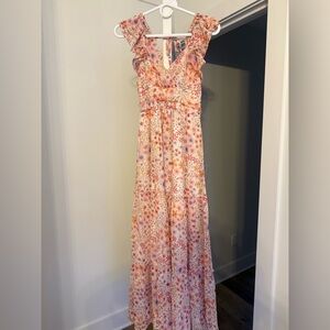Altar'd State Floral Maxi Dress in Cream with Pink and Orange Accents